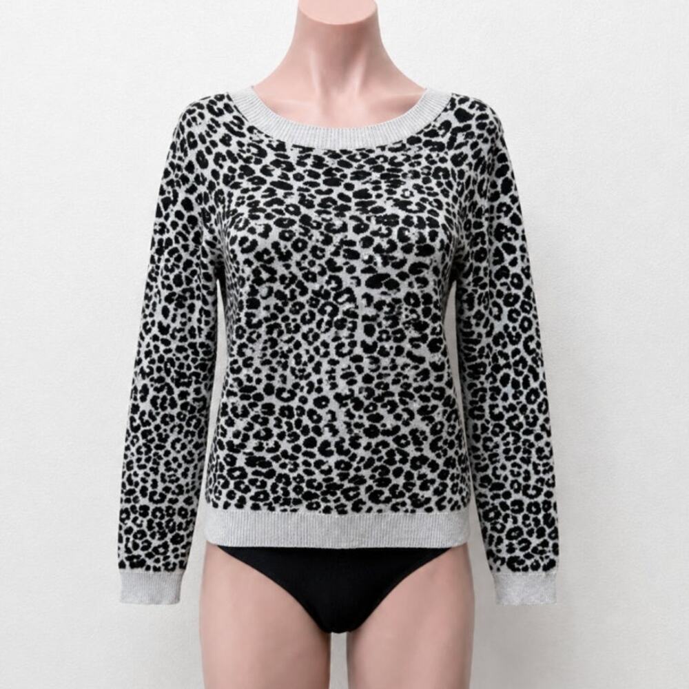 Express Black & Light Gray Leopard Print Boat neck Long Sleeve Thin Sweater M